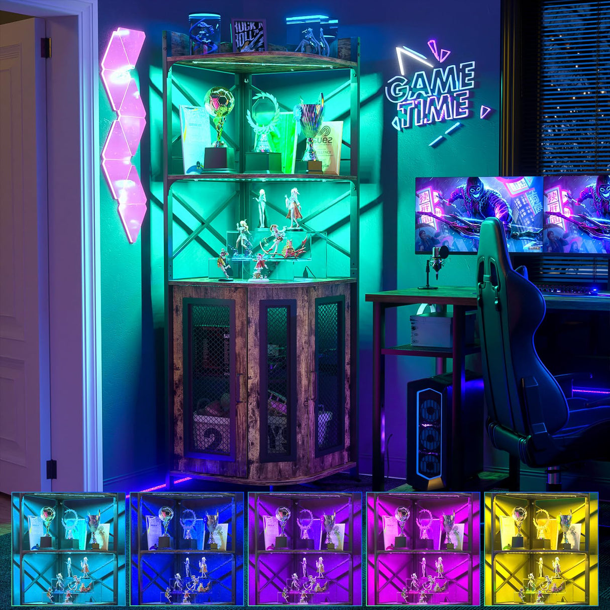 Aheaplus Corner Bar Cabinet with Power Outlet, Industrial Wine Cabinet with LED Strip and Glass Holder, 5-Tiers Liquor Cabinet Bar Unit for Home, Corner Display Cabinet for Small Space, Rustic Brown Aheaplus