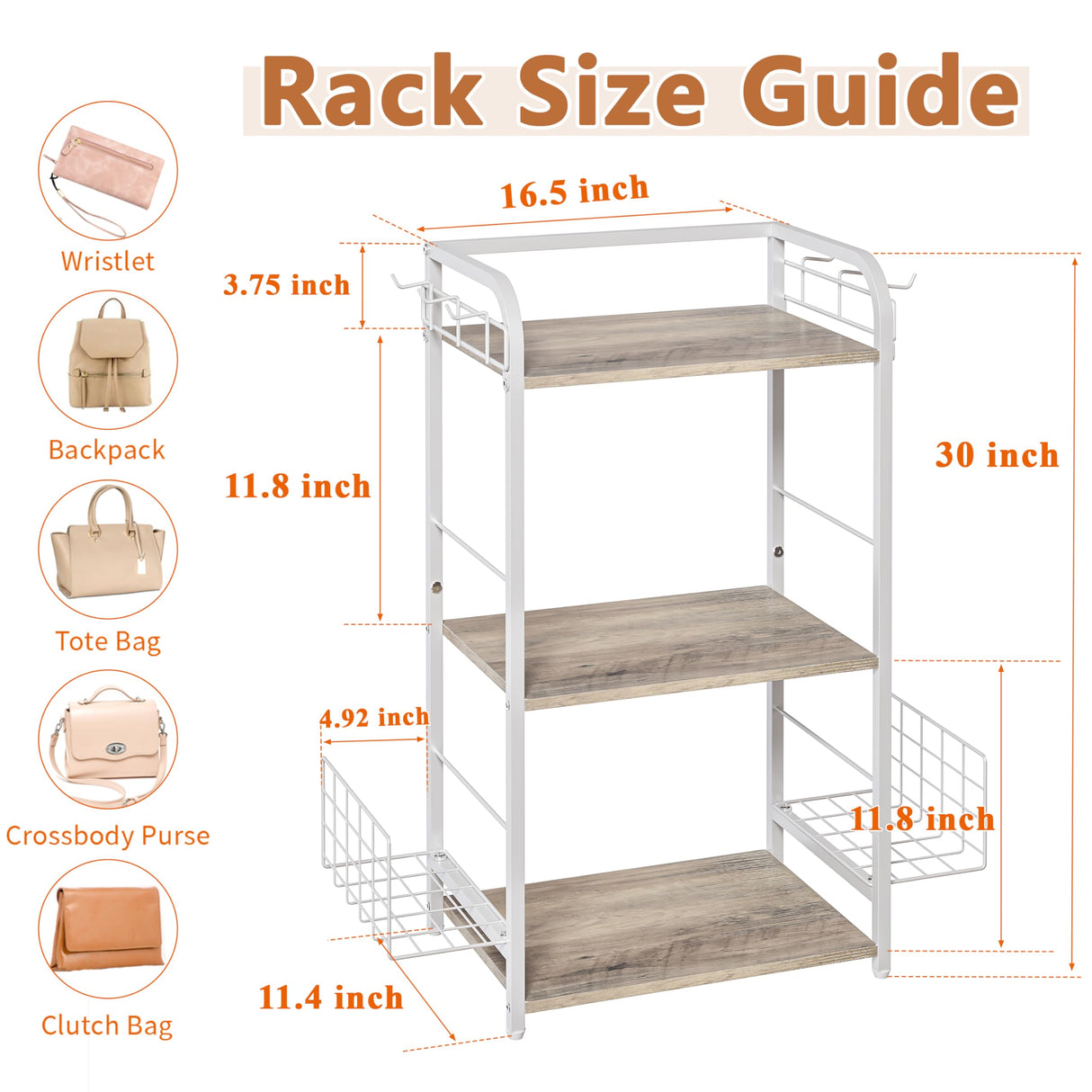 White Purse Organizer, 3-Tier Floor Standing Bag Rack Stand Featuring Side Hooks and Baskets, Adjustable Feets, High Capacity Metal & Wood Handbag Holder Design for Closet Storage, Patent Pending koozuuyk