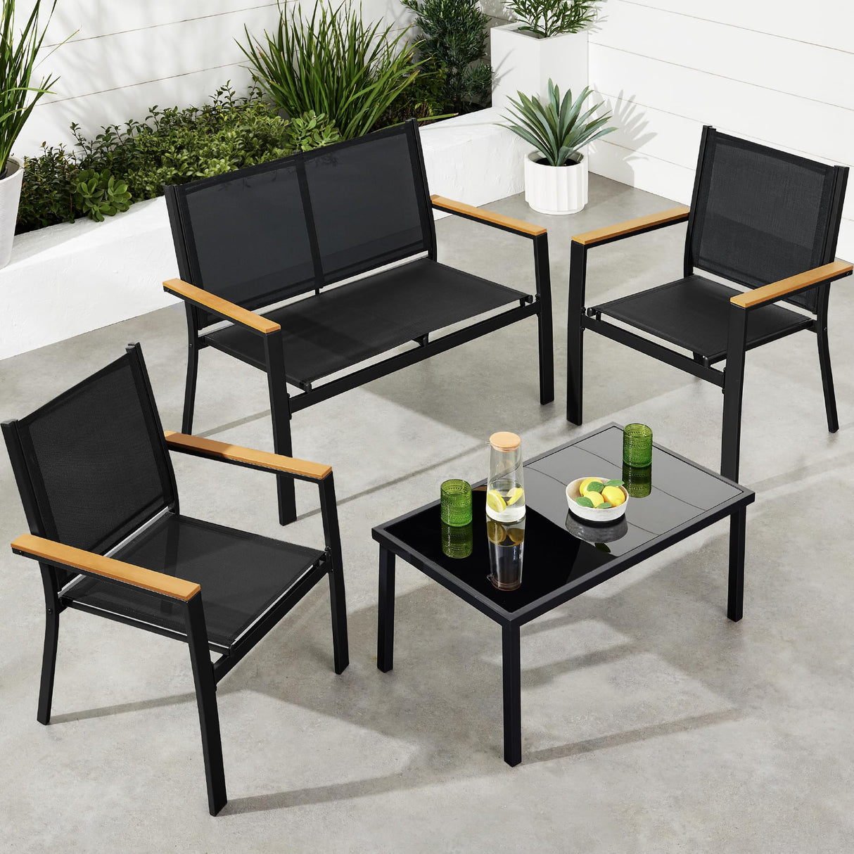 Best Choice Products 4-Piece Outdoor Textilene Patio Conversation Set, Backyard Furniture w/Loveseat, Coffee Table, Steel Frame - Black/Black Best Choice Products