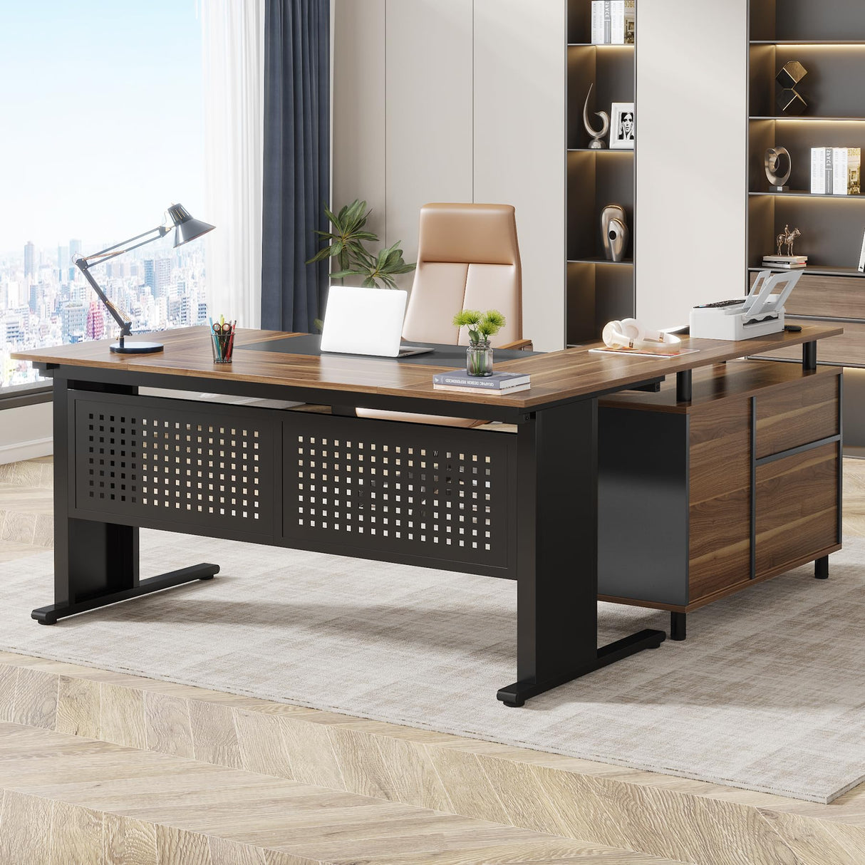 LITTLE TREE Large Computer Desk with File Cabinet, 63 Inch L Shaped Executive Office Desk with Drawers and Storage Shelves, Business Furniture Workstation for Home Office LITTLE TREE