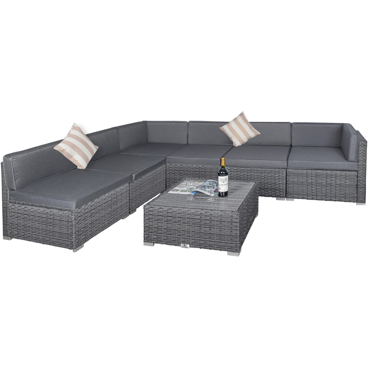 Welpatio Outdoor Patio Furniture Sets, 7 Pieces PE Rattan Wicker Outdoor Sectional Sofa Patio Conversation Set with Cushions and Coffee Table, Light Gray/Gray Welpatio