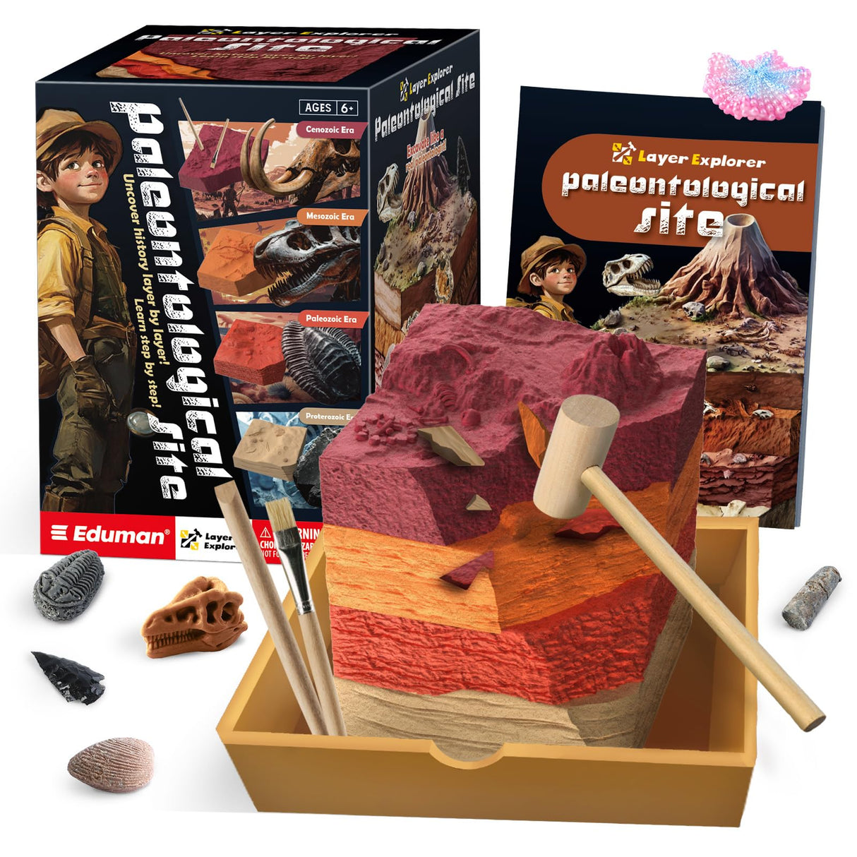 EDUMAN Paleontological Site Fossil Dig Kit for Kids, Dig Up 4 ERAS Ancient Creatures Kit, Archaeology Kits with Rocks and Minerals, Educational Stem Toy for Kids Age 6+, Birthday Gift for Boys Girls EDUMAN