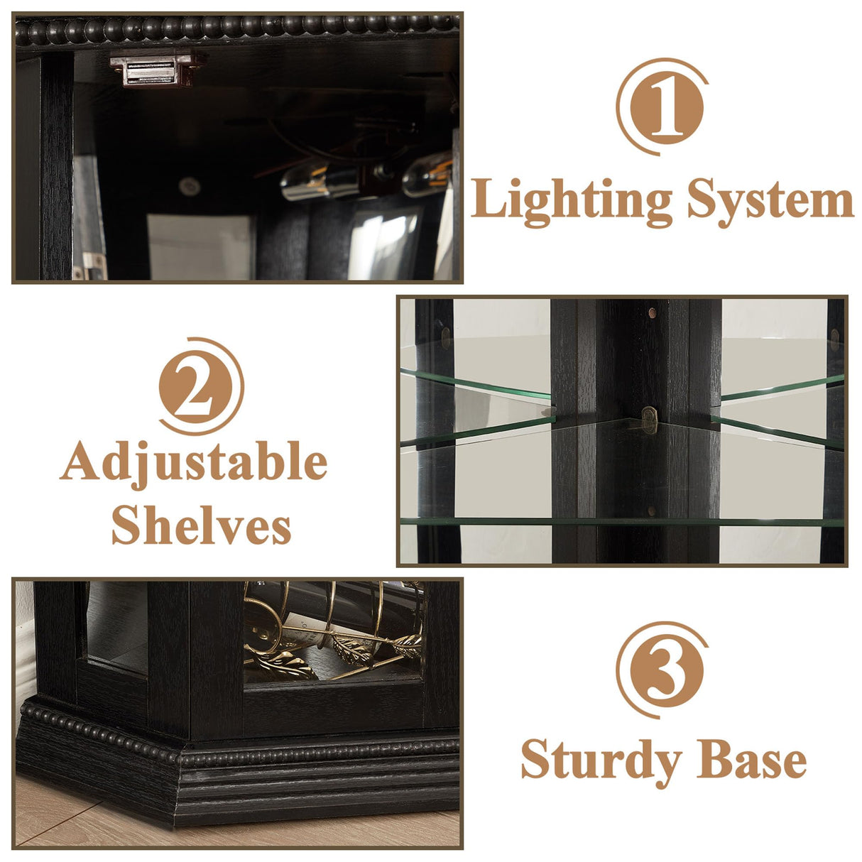 MWrouqfur 70'' Corner Curio Cabinet with Lights, Black Display Cabinet with Glass Doors, Corner China Cabinets with Adjustable Tempered Glass Shelves, Gift to Wife/Friends/Mother (Black) MWrouqfur