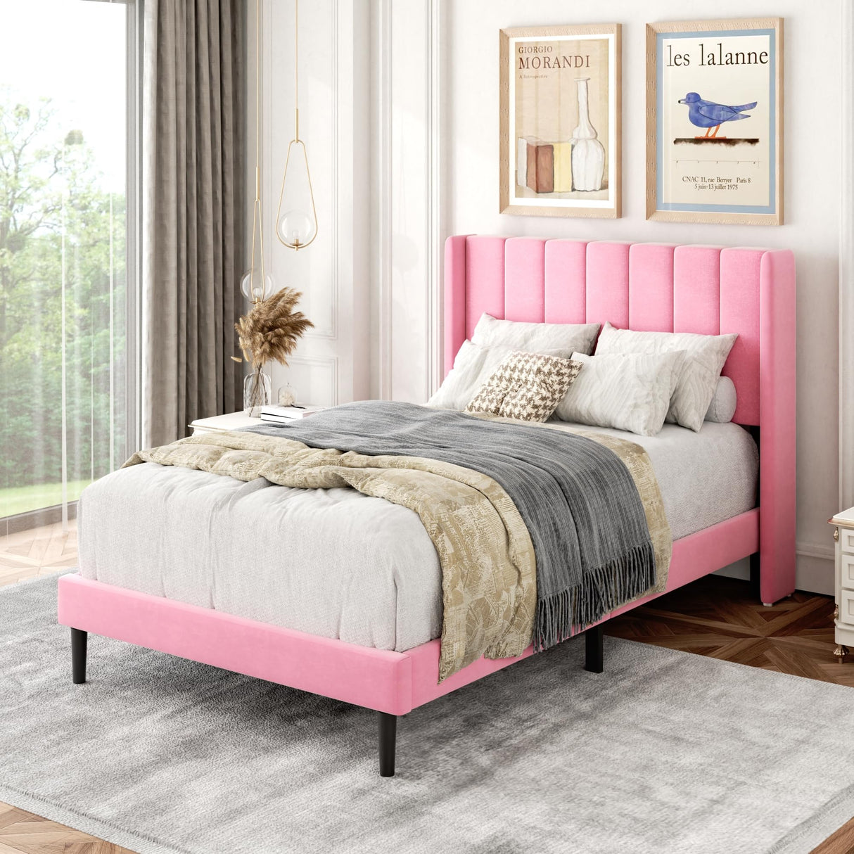 Gruwans Twin Size Bed Frames with Wingback Headboard Easy Assemnly Platform Bedframe, Sturdy Wooden Slat Support No Box Spring Needed, Pink Velvet Gruwans