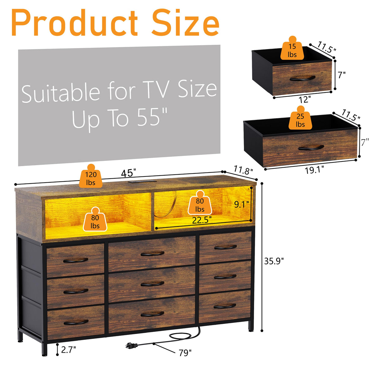 eiskah Dresser for Bedroom, Led Dresser TV Stand with Power Outlets and LED Lights, Long Fabric Dressers Wide Chest of Drawers with Large Organizer for Living Room, Entryway, Hallway,Rustic Brown eiskah