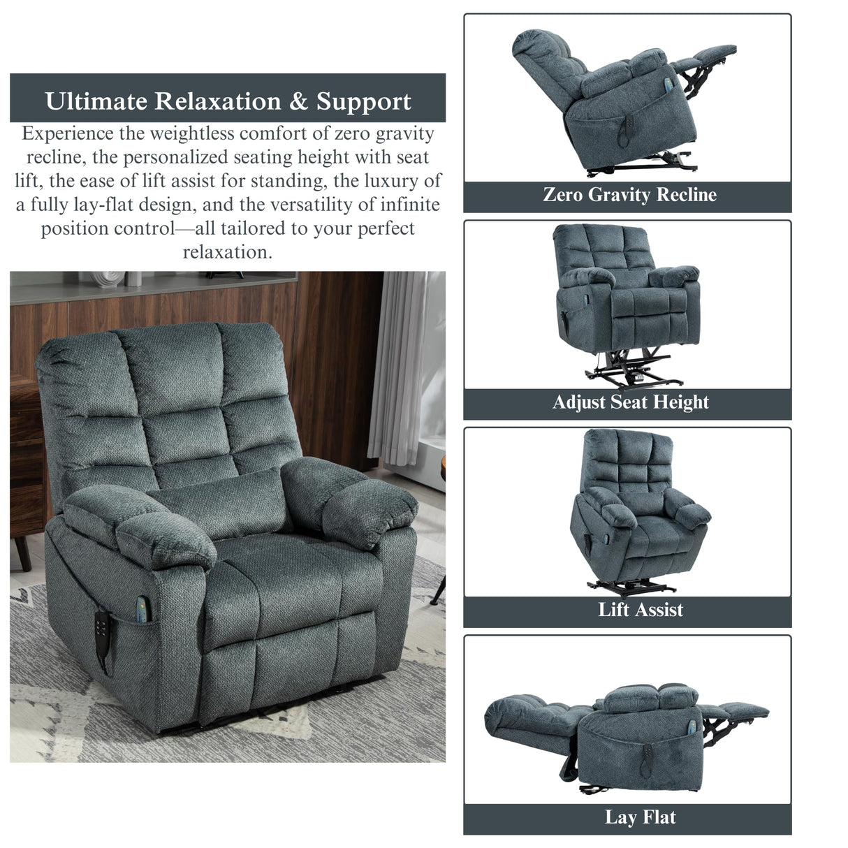 JUUXO 3-Motor Lift Chair with Adjustable Seat Height Zero Gravity Lay Flat Recliner with Heat Massage, Big Man Lift Recliners 400 lbs for Elderly Storage Cup Holders, Tall Man Recliner JUUXO