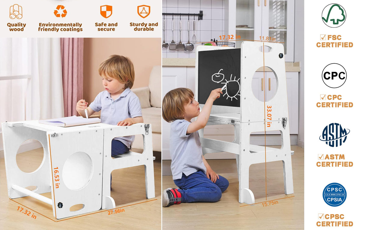 Foldable 4-in-1 Study Tower with Chalkboard for Learning, Montessori Kitchen Step Stool Toddlers Folding Stool for Kids 1-6years Ideal Helper (White) FANABAS