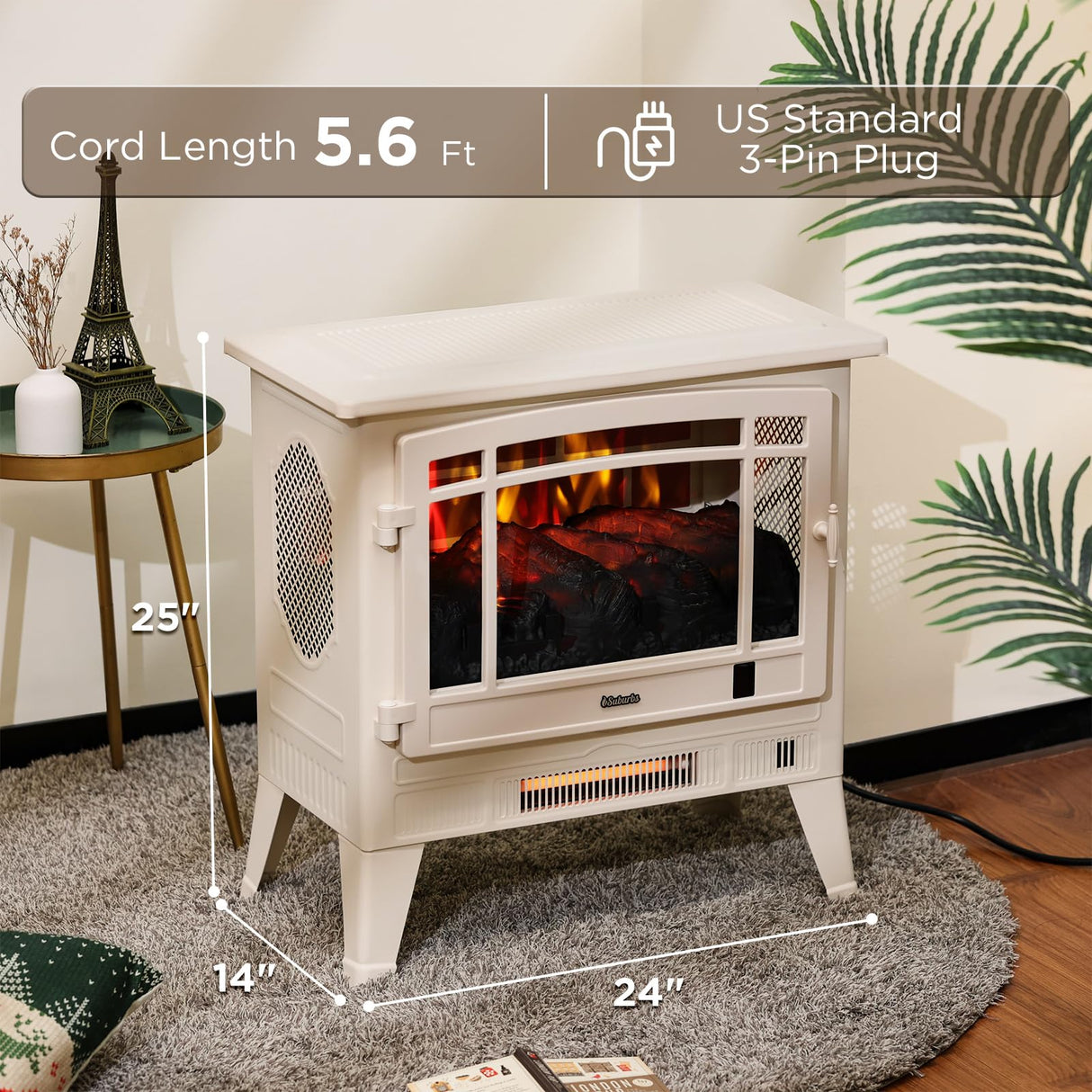 TURBRO Suburbs 25" WiFi Electric Fireplace Infrared Heater with Crackling Sound, Freestanding Fireplace Stove with Adjustable Flame Effects, Overheating Protection, Timer, Remote Control 1400W, Ivory TURBRO