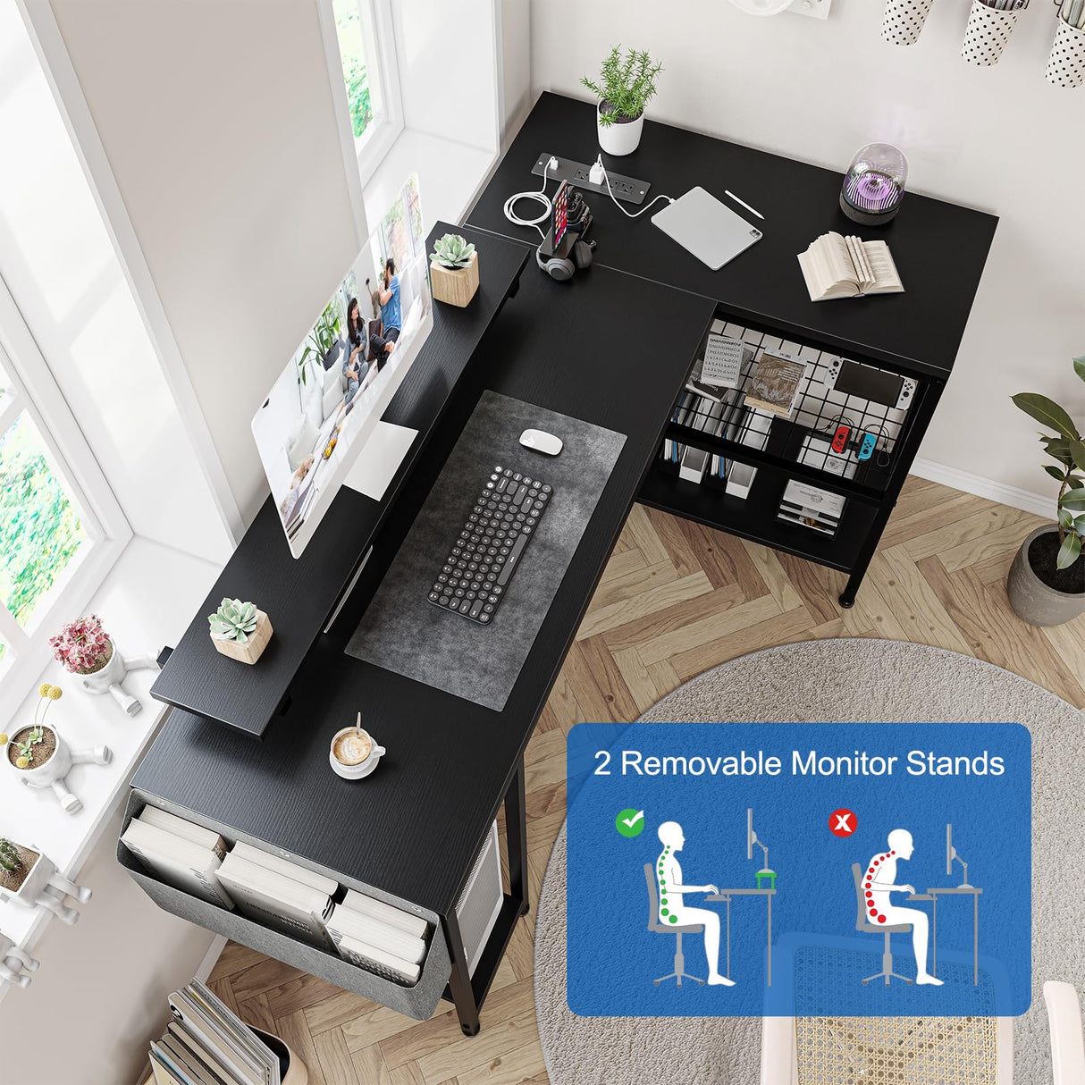 ElectraSpeedy 49" L Shaped Desk with Power Outlet & LED Lights, Reversible Corner Computer Desk with Storage Shelves & Monitor Stand, Home Office Desk for Gaming Writing Study (Black) ElectraSpeedy