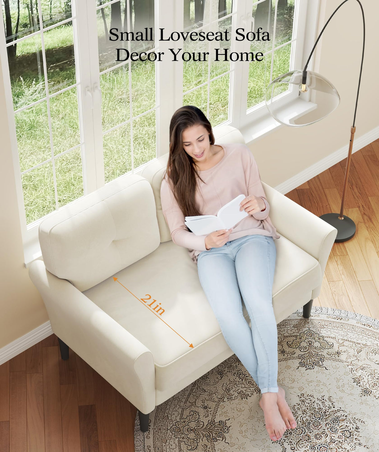 Kidirect 48" Loveseat Sofa, Small Couch for Bedroom, Comfy Love Seat with 21in Extra Deep Seats, 2 Seats Sofa Couch for Small Spaces, Apartment, Tool-Free Setup Mini Couch, Beige White Velvet Couch Kidirect