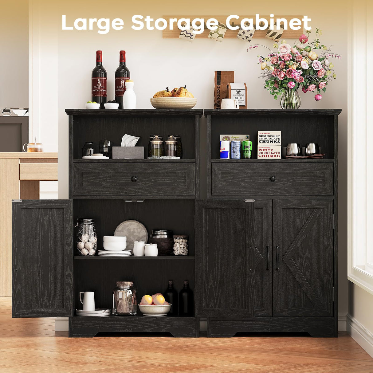 Viroformo Floor Cabinet, Farmhouse Storage Cabinet with Barn Doors and Drawer, 11.81" D x 23.62" W x 39.37" H Black Freestanding Adjustable Shelf Organizer for Bathroom, Kitchen, Living Room Viroformo