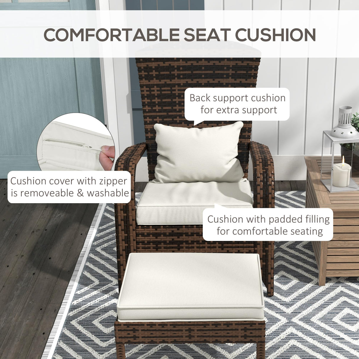 Outsunny Patio Wicker Adirondack Chair with Ottoman, Outdoor Fire Pit Chair with Cushions, High-Back, Large Seat & Armrests for Deck, Garden & Backyard, Cream White Outsunny