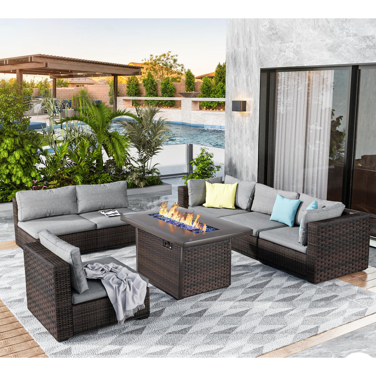 GREZJXC 7 Pieces Outdoor Sectional Patio Furniture Set with Fire Pit Table PE Rattan Wicker Patio Sectional Conversation Set with Cushion Grey GREZJXC