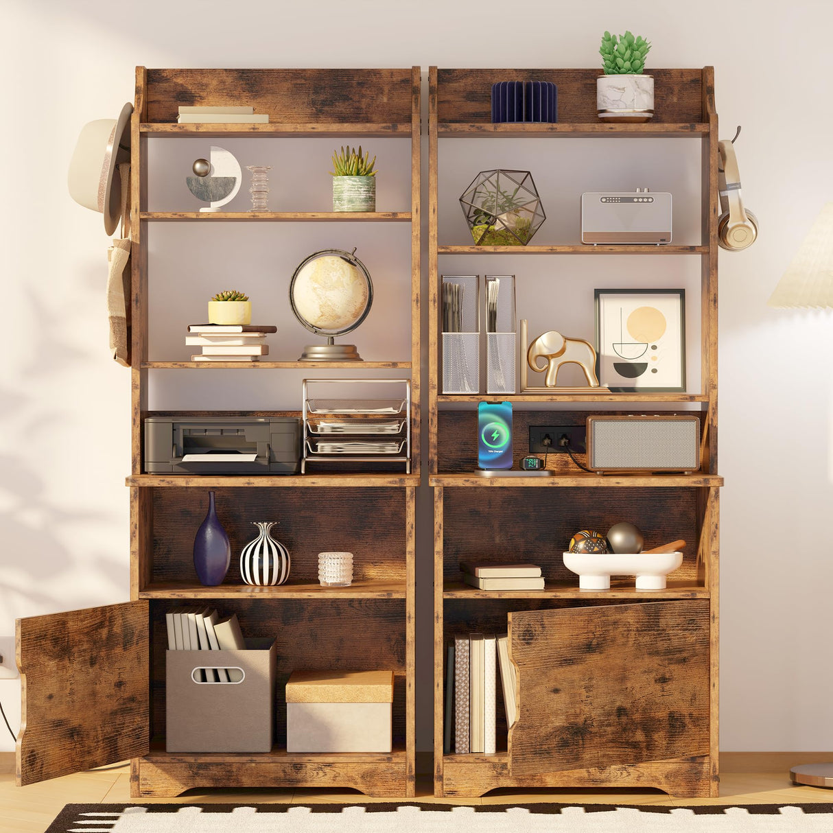 LIKIMIO Nightstand with Charging Station, 55" Tall End Side Table with Storage Cabinet, Small Bookshelf, for Living Room Office Bedroom, Vintage Brown LIKIMIO