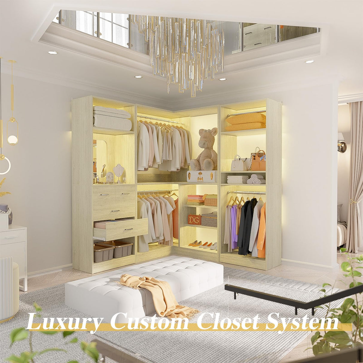 Unikito 86 Inch Closet System, 3 Sets Corner Closets Organizer with Hanging Rods and Mirror Design, Freestanding Adjustable Wood Clothes Garment Rack with Drawers, Sturdy Walk in Closet Kit, White Oak Unikito