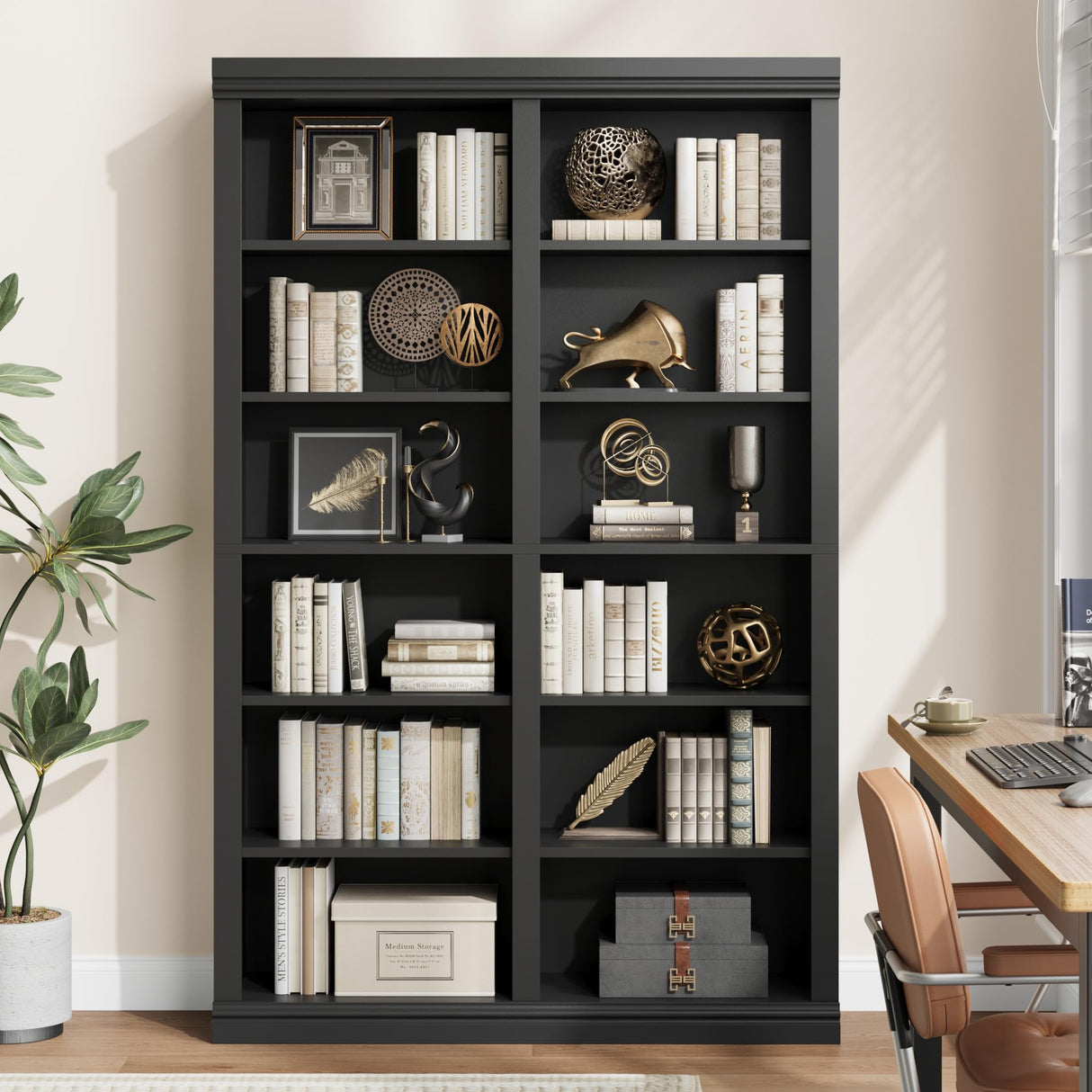 Garvee 74.5" Tall Bookshelf with Double Storage, 6-Tier Large Bookshelf, Double Wide Bookshelves w/ 12 Cubbies, Wide Freestanding Bookcases for Livingroom Office Library (Blcak, 74.5"H*46.1"W*12.4"D) Garvee