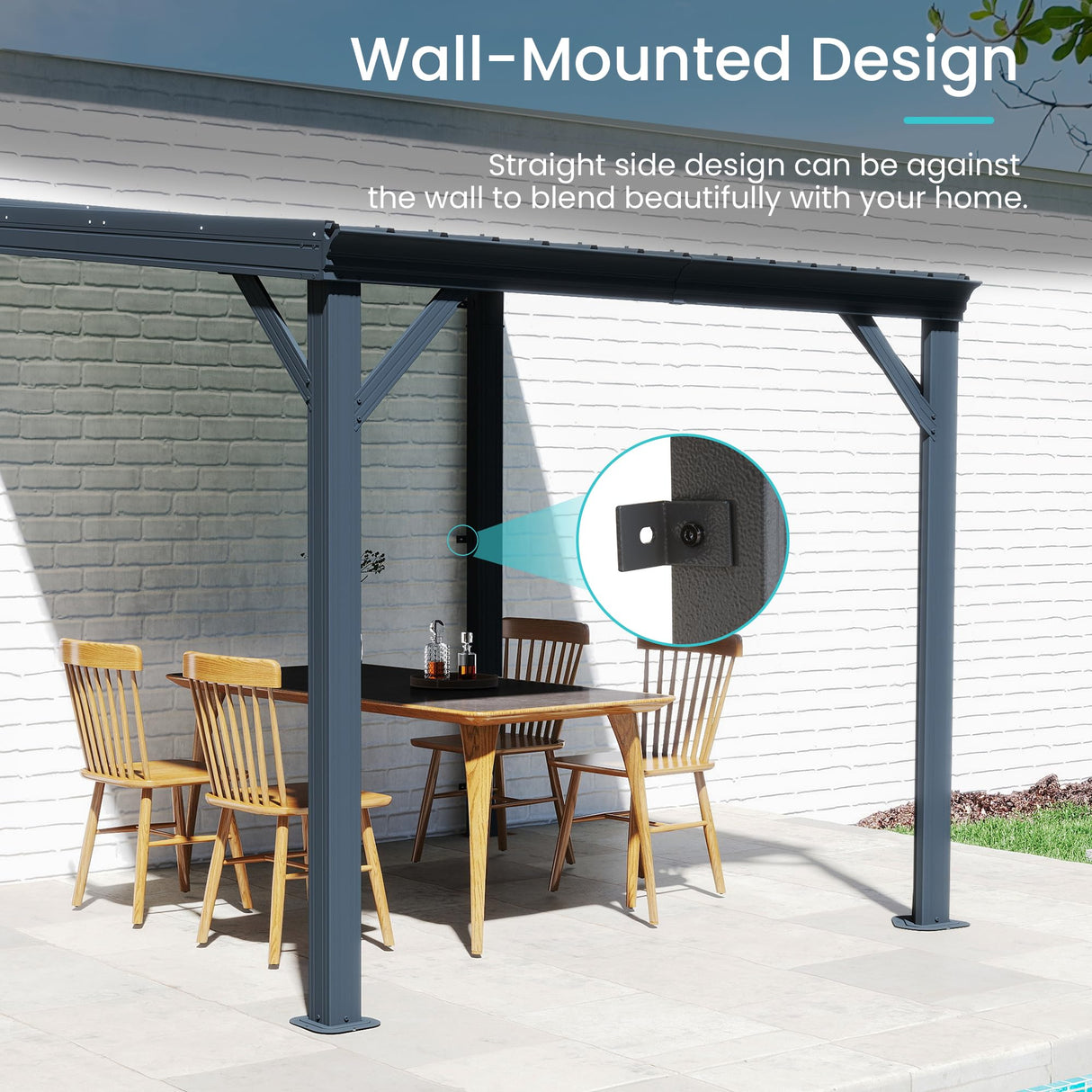 Domi 8' x 8' Lean to Gazebo, Wall Mounted Gazebos Pergola with Built in Drainage System, Galvanized Steel Roof, Hardtop Patio Shelter for Deck, Porch, Backyard and More domi outdoor living