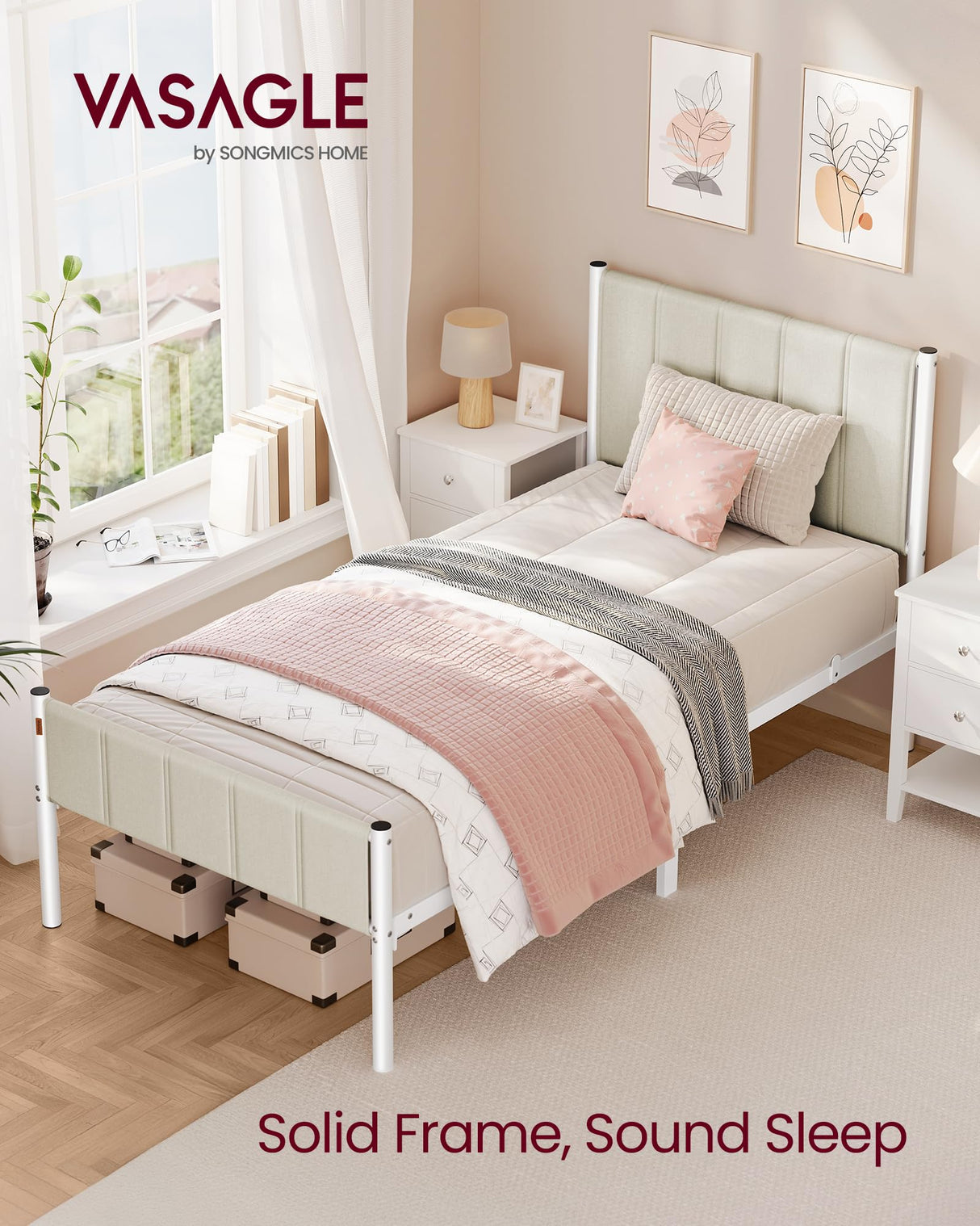 VASAGLE Twin Bed Frame with Upholstered Headboard, Metal Bed Frame Twin Size with Footboard, 550 lb Weight Capacity, Steel Slats, Easy Assembly, No Box Spring Needed, Cappuccino Beige URMB983W01V1 VASAGLE