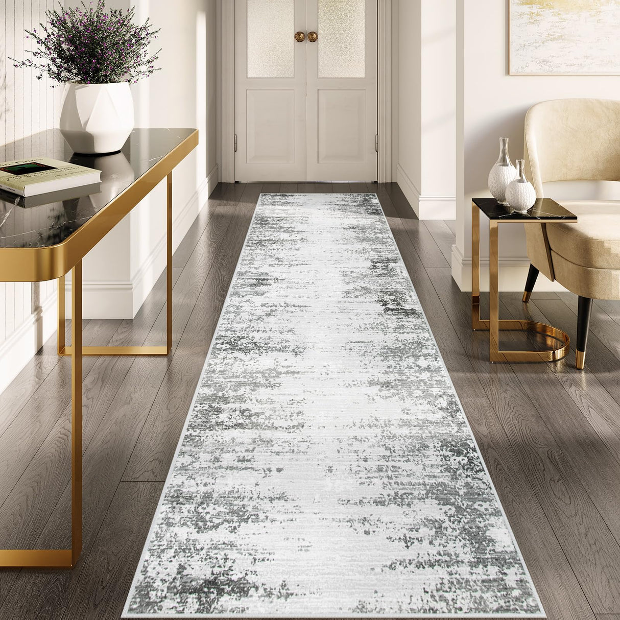 Lahome Abstract Grey Long Runners for Hallways, Washable 2.5x10 Non-Skid Low-Pile Rug Runners for Hallways Non-Slip 10 ft Modern Ombre Indoor Floor Runner for Kitchen Entryway Lahome