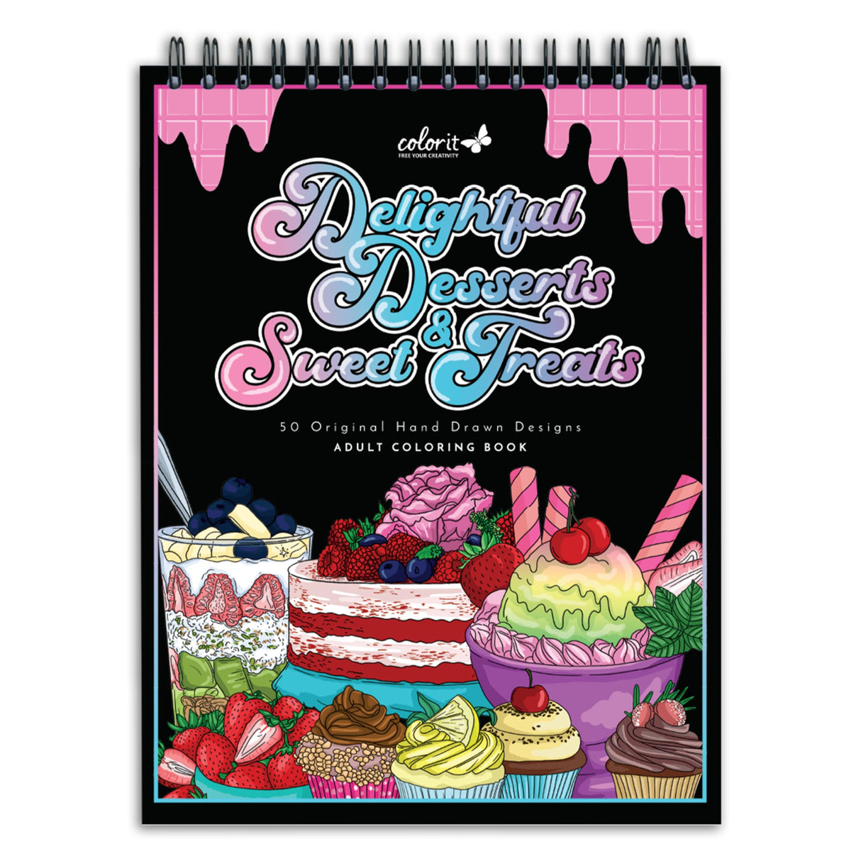 ColorIt Delightful Desserts and Sweet Treats Adult Coloring Book - 50 Single-Sided Designs, Thick Smooth Paper, Lay Flat Hardback Covers, Spiral Bound, USA Printed, Desserts Coloring Pages ColorIt