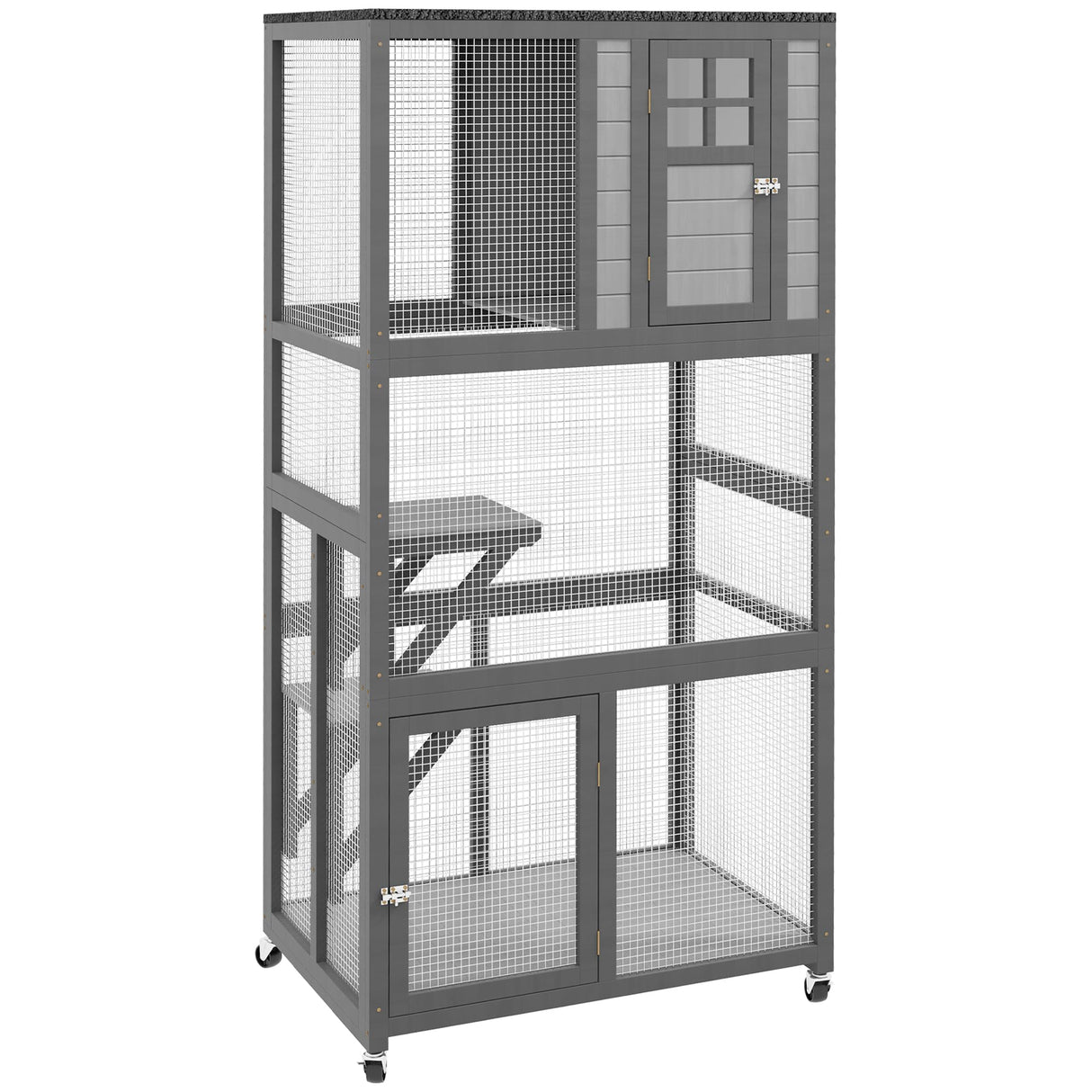 PawHut 74" Wooden Catio Outdoor Cat House Weatherproof & Wheeled, Outside Cat Enclosure with High Weight Capacity, Kitten Cage Condo, Light Gray PawHut