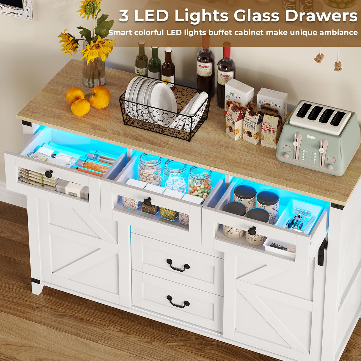 Tiptiper Buffet Sideboard Cabinet with Storage & LED Lights, 6 Drawers & 2 Sliding Barn Door, Farmhouse Buffet Table Coffee Bar Storage Cabinet for Dining Room, Living Room (White) Tiptiper