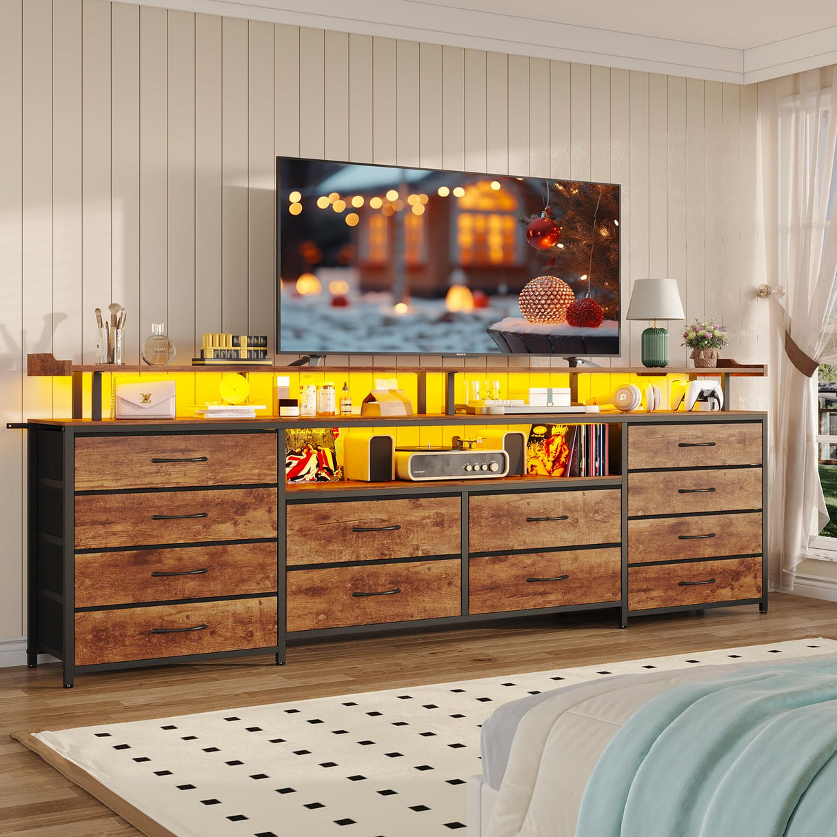 HAUOMS TV Stand Dresser for 65 Inch TV, 63" W Dresser with LED Lights & Power Outlets, Rustic Brown Long Dresser with 12 Fabric Drawers, Entertainment Center with Shelves,for Bedroom HAUOMS