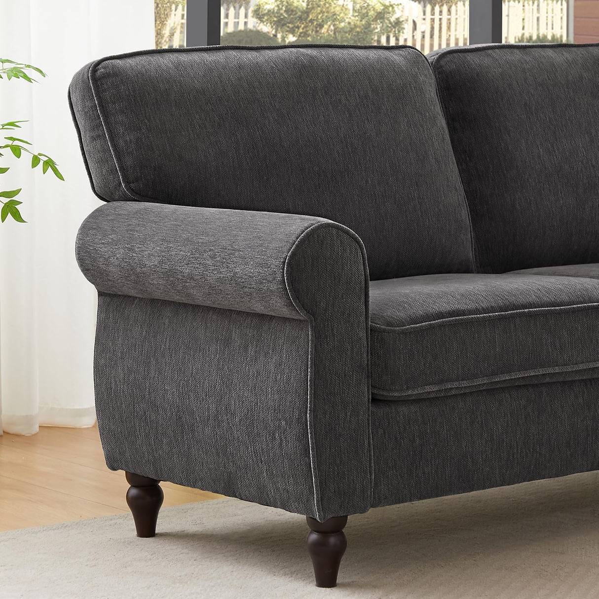 ONBRILL 101" L Shaped Couch, Sectional Corner Sofa with Rolled Arms, 5 Seater Chenille Fabric Couch w/Springs Seat Cushion, Wooden Legs, Comfy Oversized Sofa for Living Room, Apartment, Grey ONBRILL