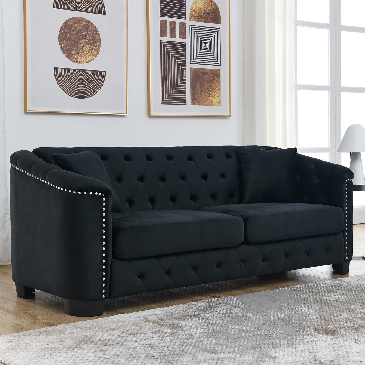 mikibama Modern Chesterfield Velvet Sofa, 77 Inch Sectional Sofa, Luxury 3 Seater Upholstered Tufted Couch with Nailhead Arms and 2 Pillows for Living Room, Bedroom, Apartment(Black) mikibama