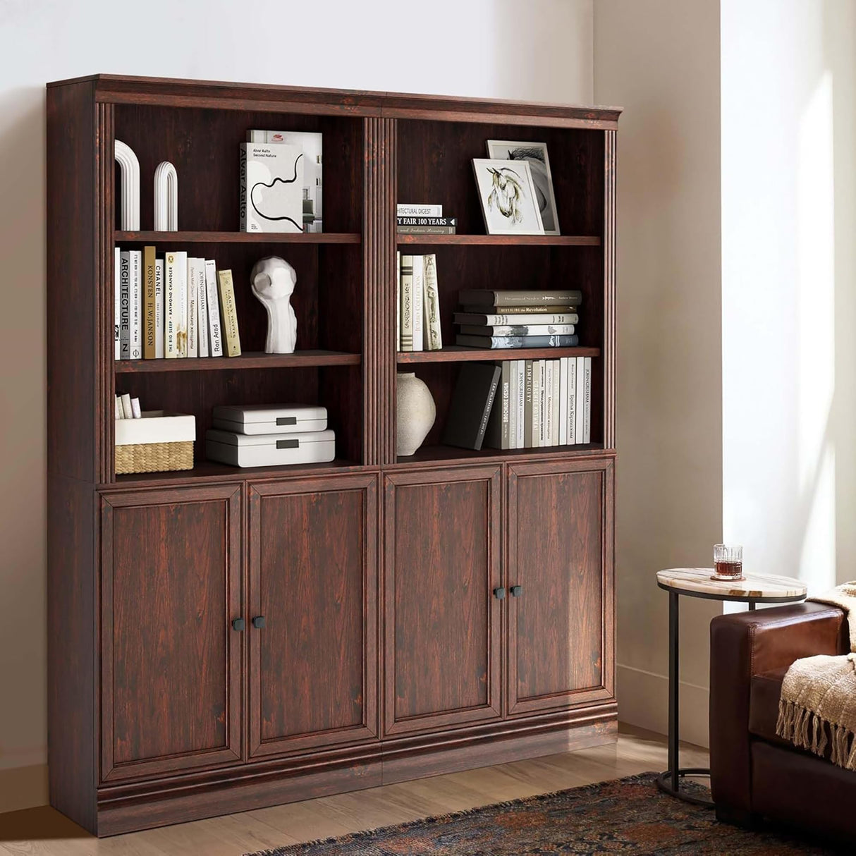 JAHRSTIM Halston Standard w/ Doors Bookshelves and Bookcase Floor Standing 5 Tier Adjustable Shelves Organizer and Storage, 72in Tall Bookshelf for Home Office, Living Room, Bed Room, Kitchen, Cherry JAHRSTIM