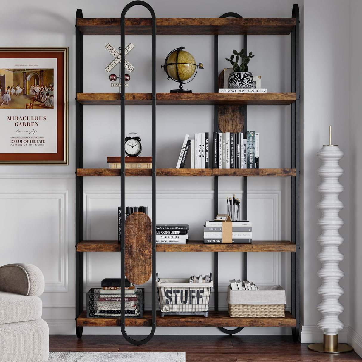 FUSUNBAO 5-Tier Wooden and Metal Frame Bookshelf,Vintage Industrial Modern Style Tall Bookcase,74 "H x 12 "W x 47" L,Rustic Large Wooden Shelf,Display Shelf for Home Office FUSUNBAO