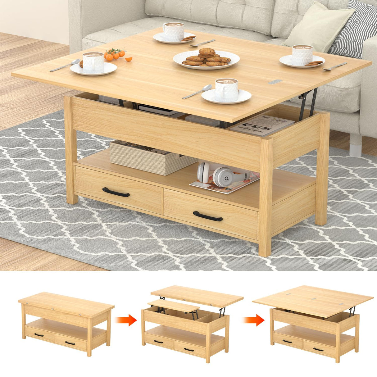 SYESWAY Lift Top Coffee Table, 3-in-1 Multifunctional Coffee Table with Drawers and Hidden Compartments, Coffee Table Converts to Dining Table, for Living Room, Dining Reception Room, Wood SYESWAY