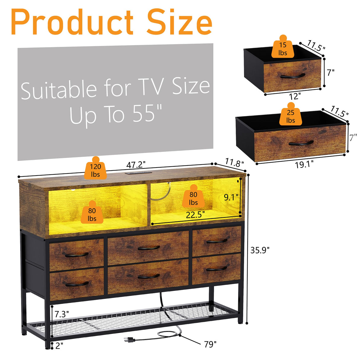 eiskah Dresser for Bedroom, 6 Drawers Led Dresser TV Stand with Power Outlets and LED Lights, Long Fabric Dressers Wide Chest of Drawers with Large Organizer Shoe Rack for Living Room, Entryway eiskah