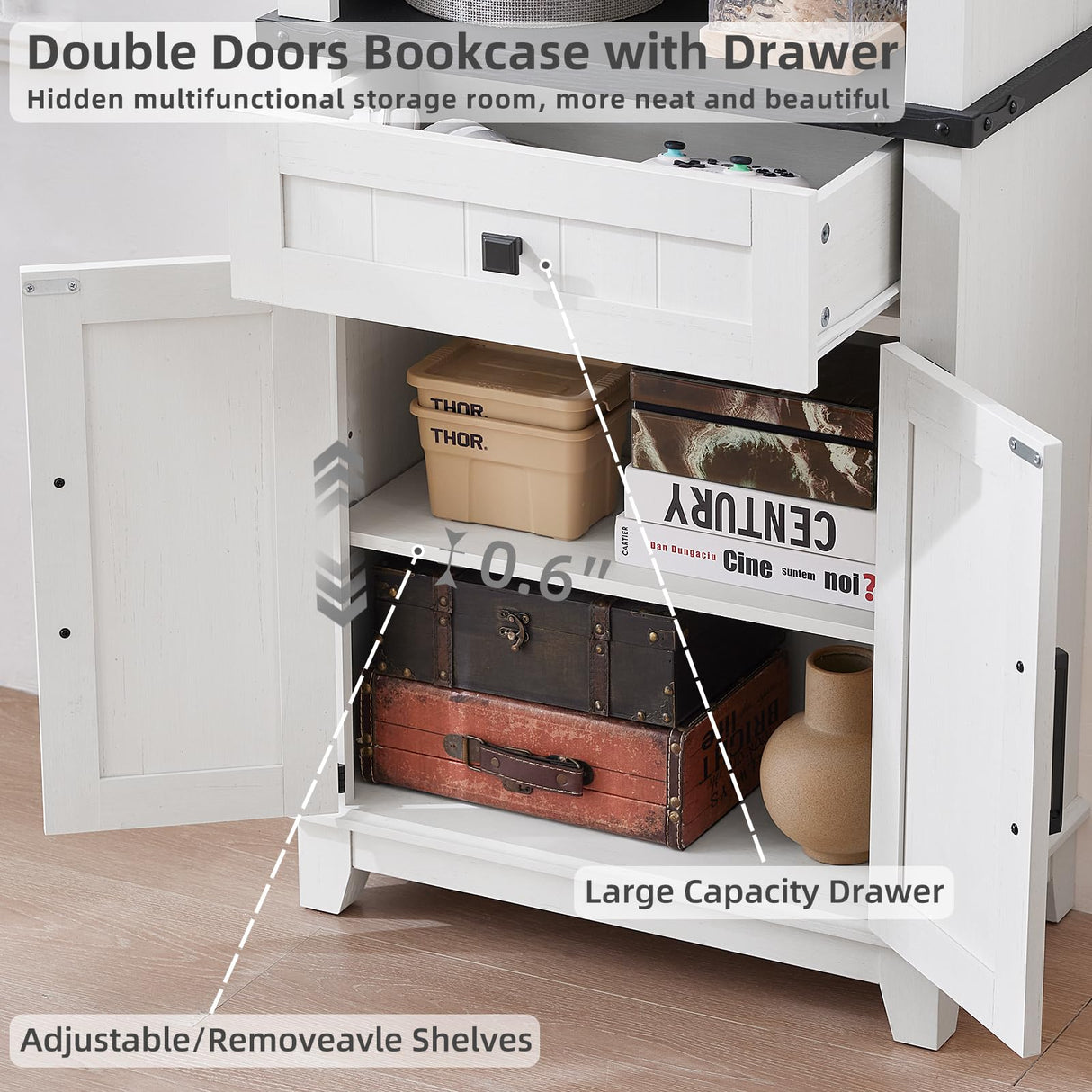 Joaxswe 72in Tall Bookshelf 7 Tier Bookcase with Drawer and Barn Doors and Adjustable Shelves, White Farmhouse Book Shelf with Storage Cabinet, Wood Freestanding Display Bookshelves for Kitchen (2PCS) Joaxswe