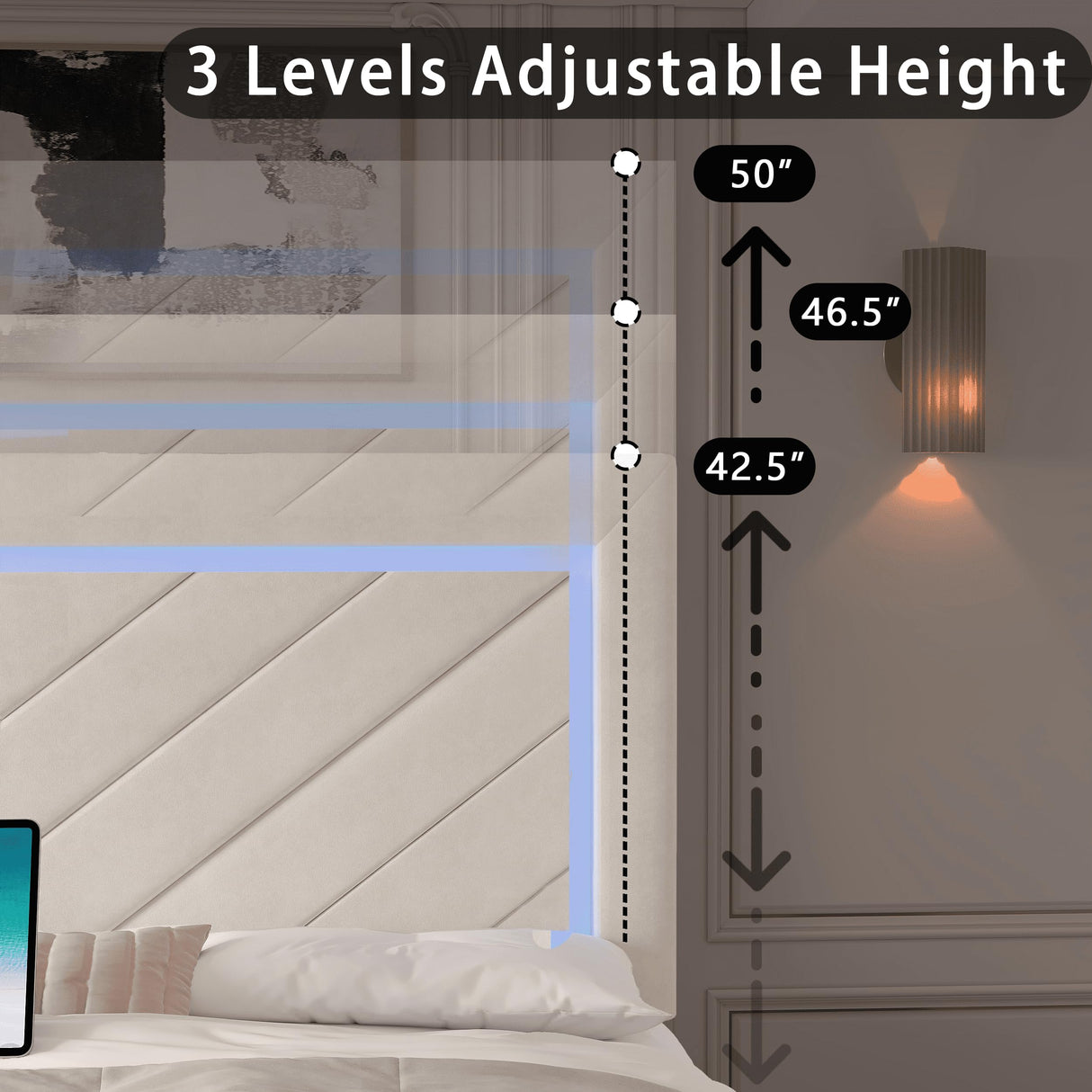 Fastroby King Size Bed Frame with Adjustable Headboard and 2 Storage Drawers, Upholstered Bed Frame King with RGB LED Light and Charging Station, Easy Assembly, No Box Spring Needed, Off White Fastroby