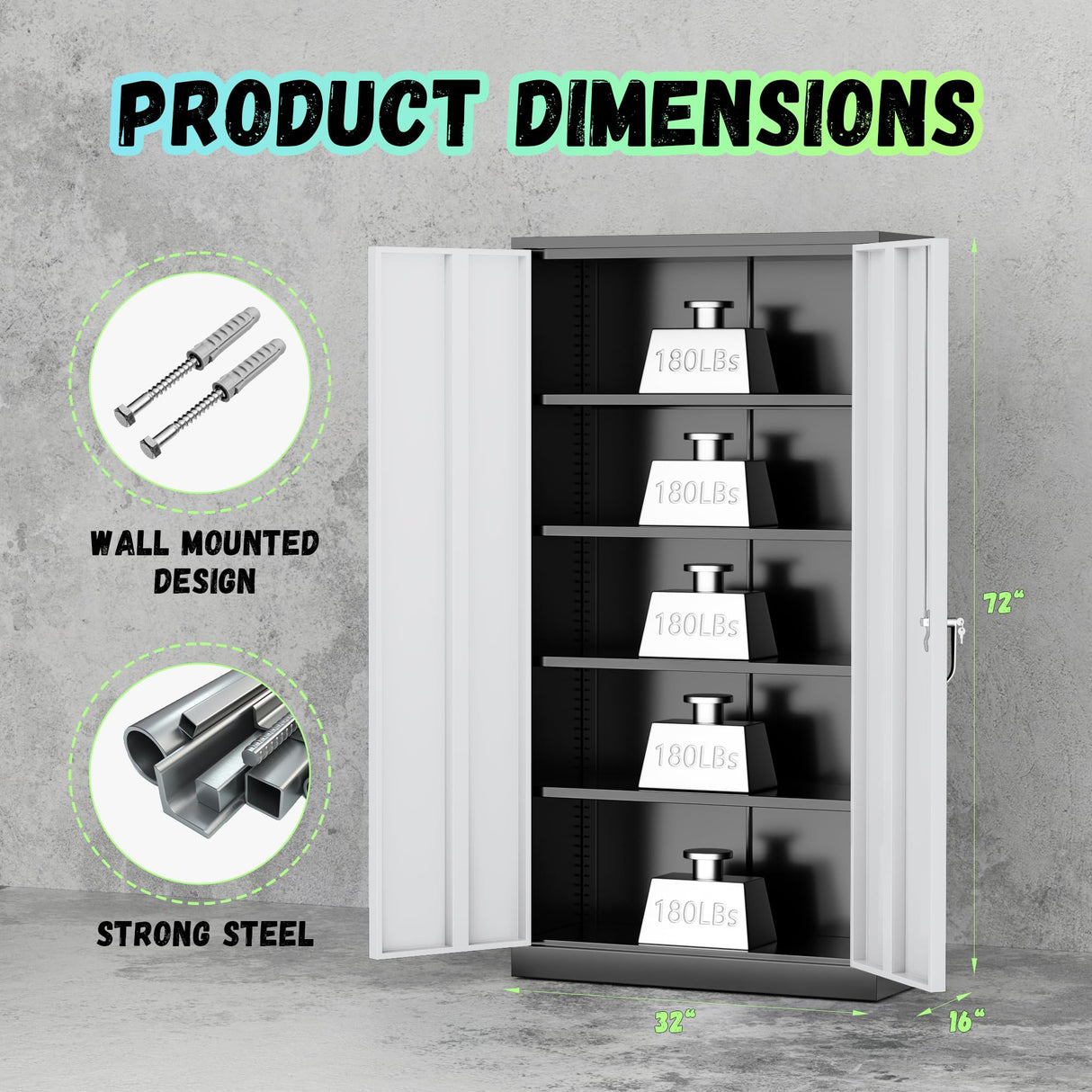 INTERGREAT Metal Storage Cabinet, 72" Tall Locking Storage Cabinet with 2 Doors and 4 Adjustable Shelves, Steel Tool Locking Cabinet for Home Office, Warehouse, School (Black Grey) INTERGREAT