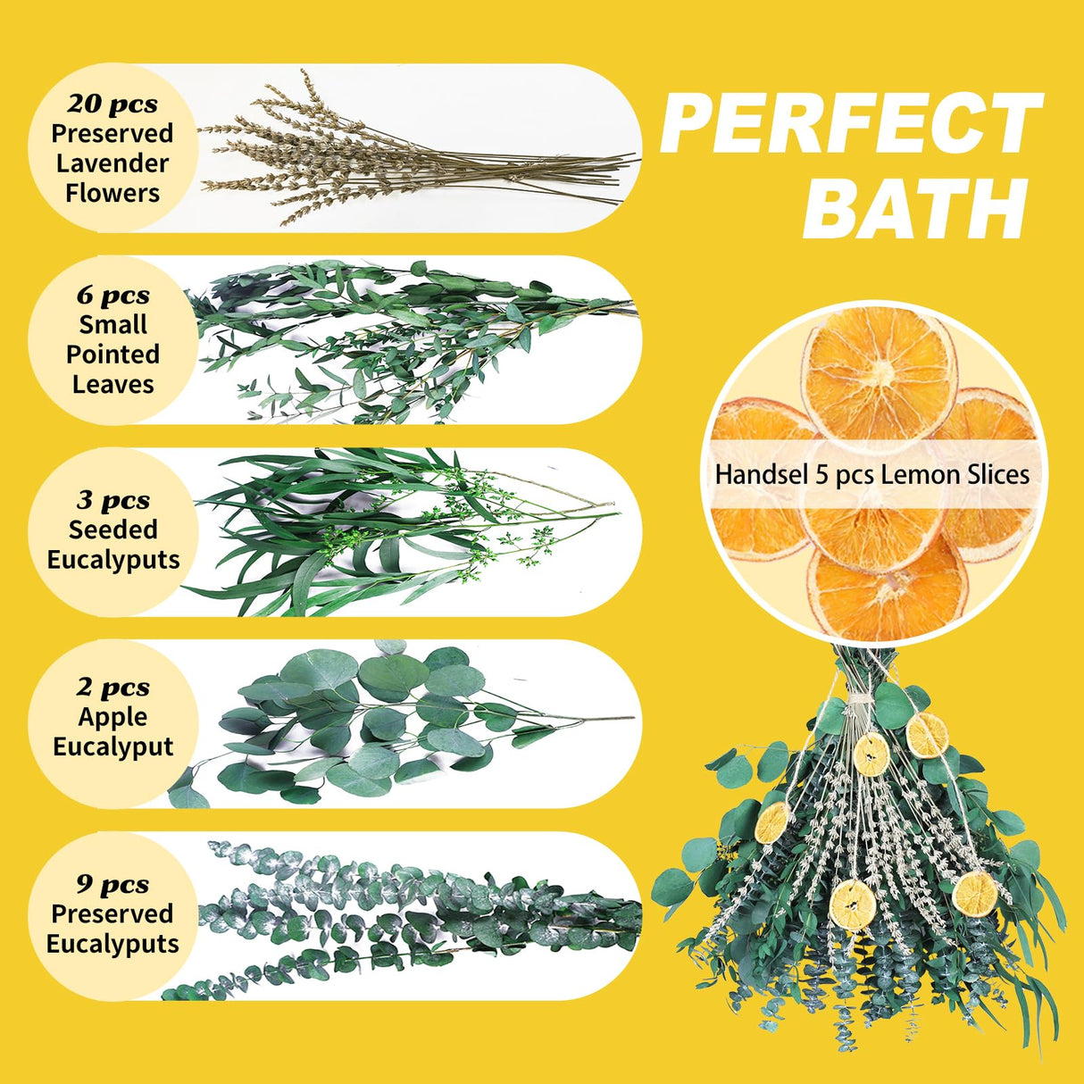 5 Kinds Mixed PCS Dried Eucalyptus & Lavender Flowers Bundle for Shower, 40 PCS 15''-17''Natural Real Fresh Preserved Eucalyptus Leaves and Lemon Shower Hanging Plants, Home Bathroom Decor, Fragrance Gifugi