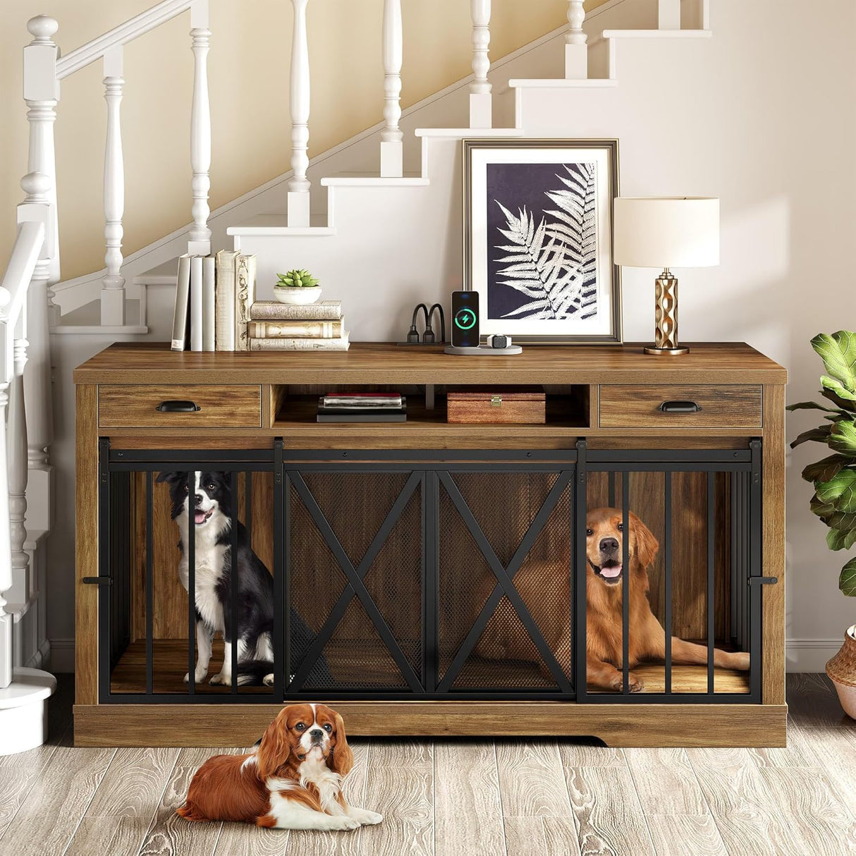 YITAHOME 63 Inch Double Dog Crate TV Stand with Charging Station, Heavy Duty Wooden Cage Furniture for 2 Dogs, Dog Kennel Indoor Furniture Double Sliding Barn Door Design Ideal for 2 Dogs, Oak YITAHOME