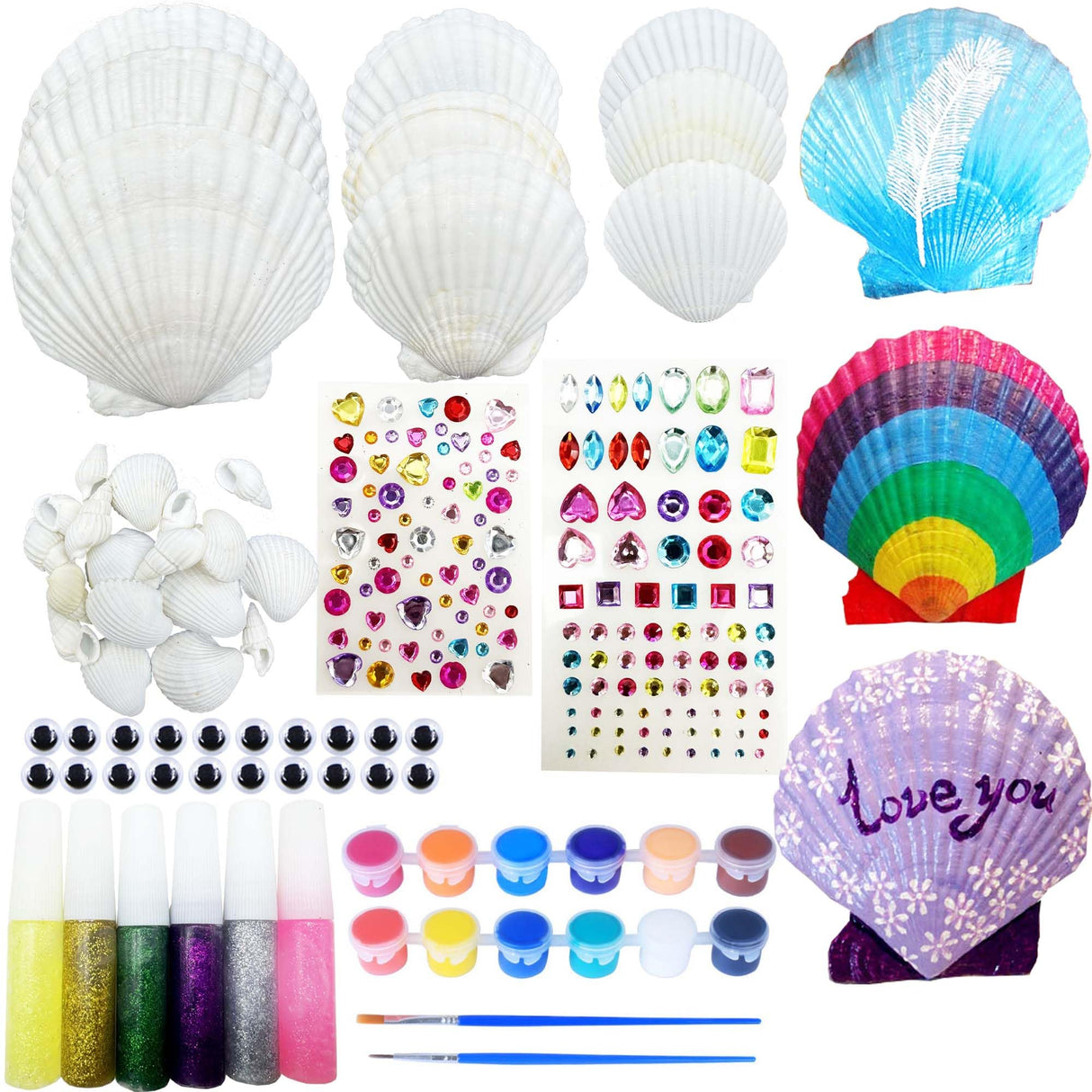 Allazone 58 PCS Shell Painting Kit, Art and Craft Kits, DIY Painting Crafts Set Included Sea Shell, Brushes, Stickers, Eyes, Glitter Glue for Activities DIY or Home Decor Allazone
