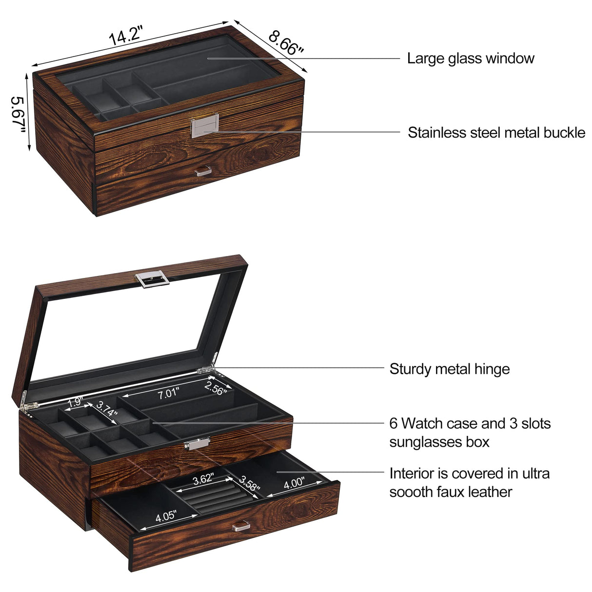 BEWISHOME Watch Box Watch Case Wood Mens Jewelry Box with Valet Drawer Watch Organizer Display Case with Large Glass Lid for Sunglasses Watch Storage, Smooth Faux Leather Interior, Brown SSH32Y BEWISHOME