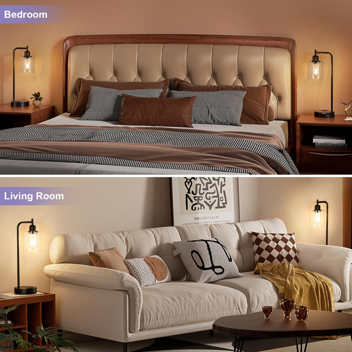 Industrial Touch Table Lamps for Bedrooms Set of 2 - 3-Way Dimmable Nightstand Lamps with USB C+A Ports and Outlet, Black Bedside Lamps with Glass Shade for Living Room, Desk Lamps for Home Office Innqoo