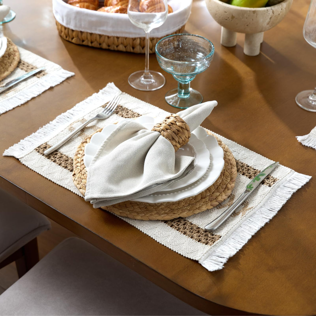 YANGQIHOME Boho Placemats Set of 6, Farmhouse Rustic Woven Placemats for Dining Table Decor, Handmade Braided Place Mats in Natural Cotton Jute and Water Straw for Kitchen Table YANGQIHOME