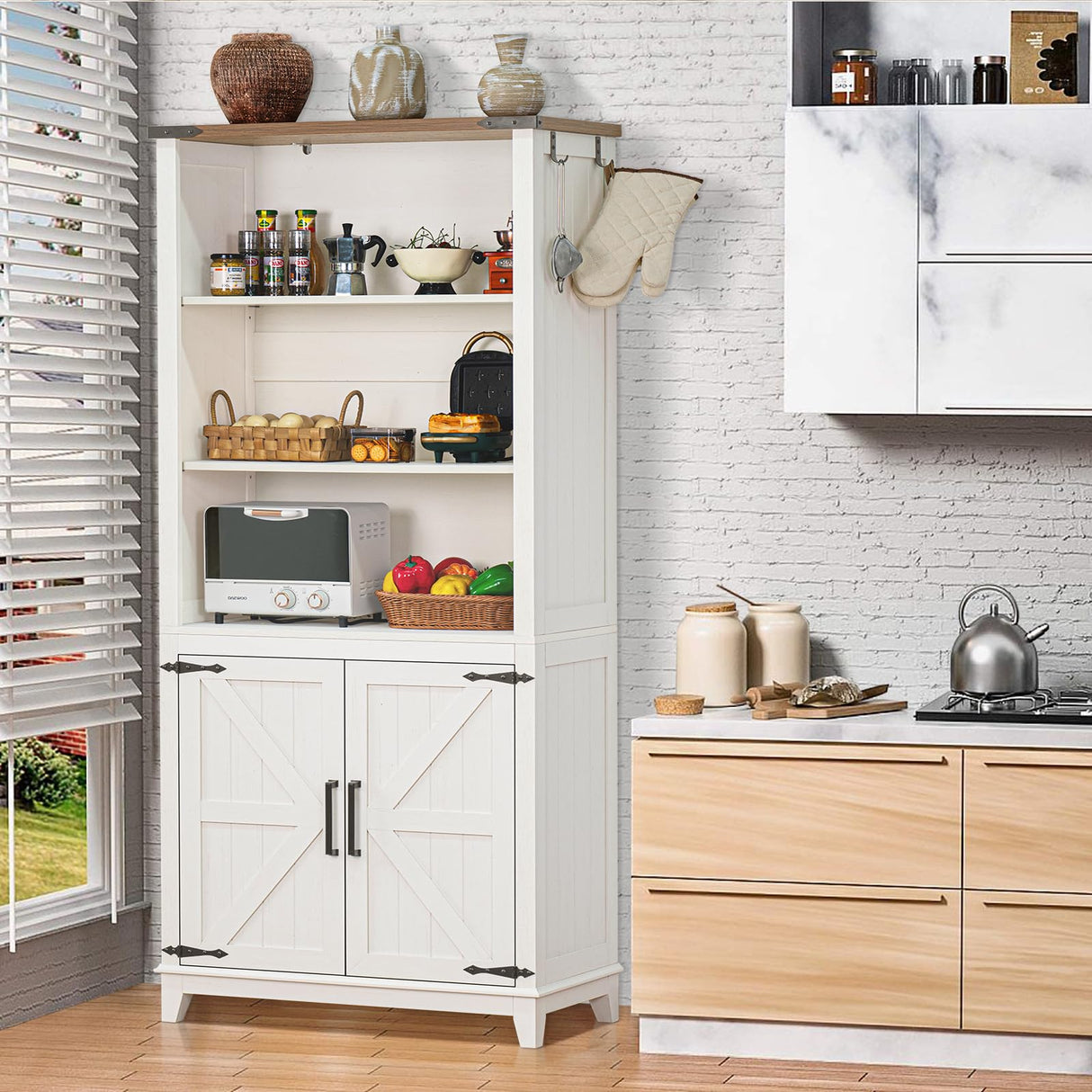 Joaxswe 5 Tier White Farmhouse Bookshelf with Barn Doors and Storage Cabinet Joaxswe