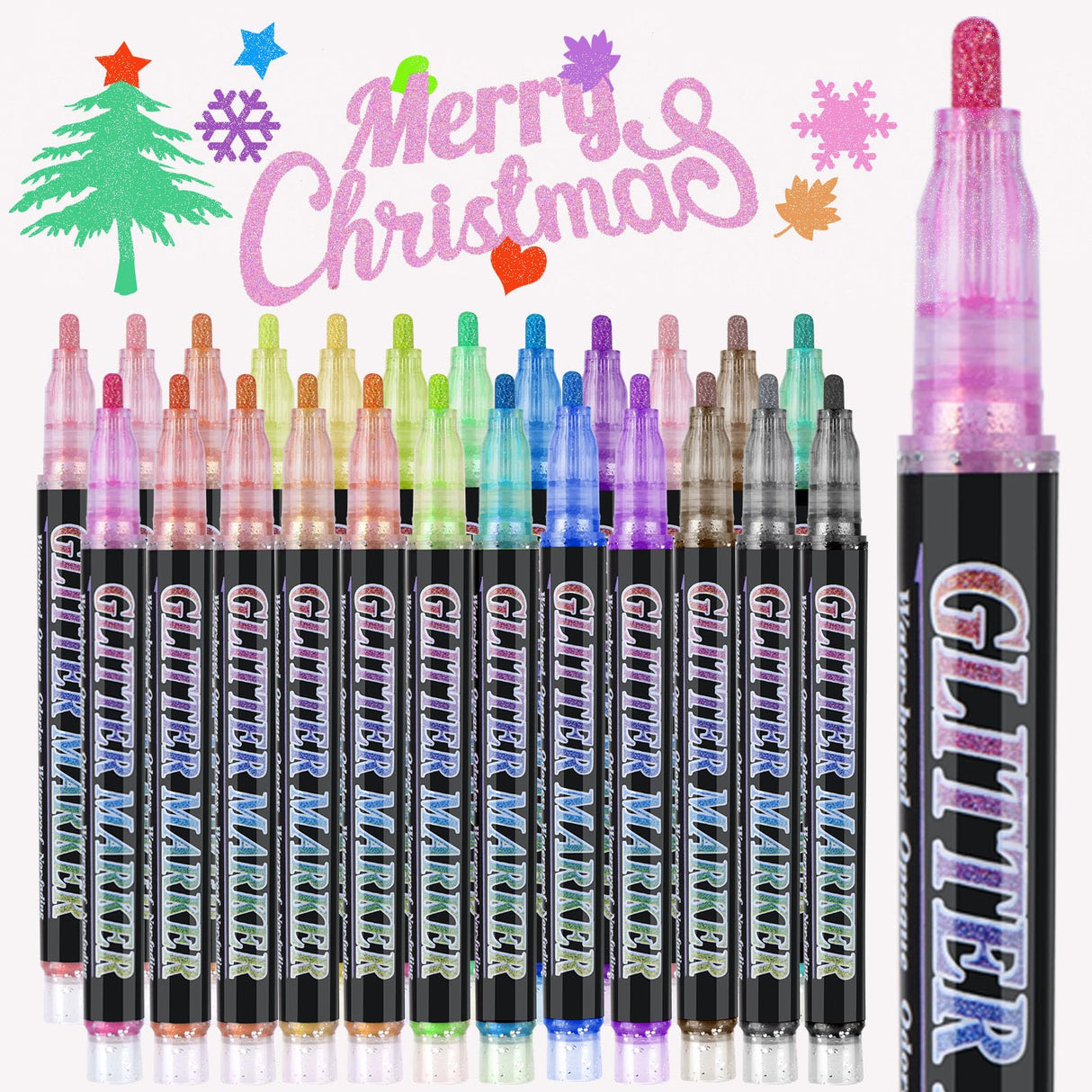 OLINGYOU Glitter Marker Pens,24 Colors Self-Shimmer Metallic Markers,Glitter Paint Pens DIY Crafts Greeting Birthday Cards, Making Poster,Album,Scrapbooking,Wood,Mugs OLINGYOU