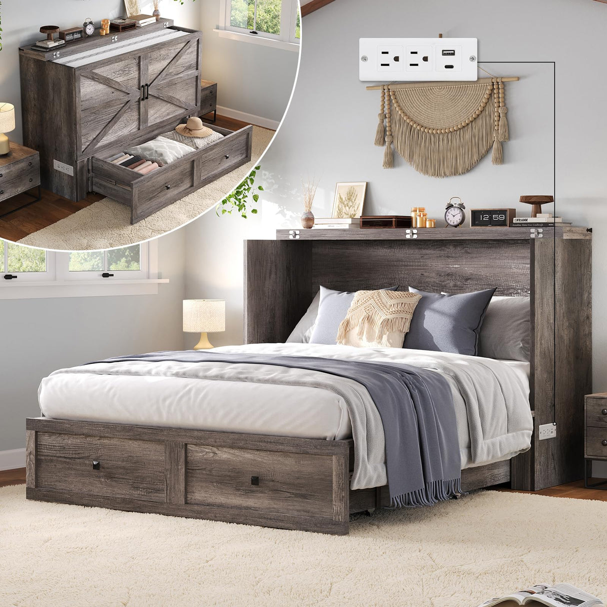 LUXOAK Murphy Bed Queen Size Cabinet Bed with Charging Station, Large Storage Drawer for Home Office or Small Room, Hideaway Bed Full Foldable Platform Bed, Rustic Grey LUXOAK