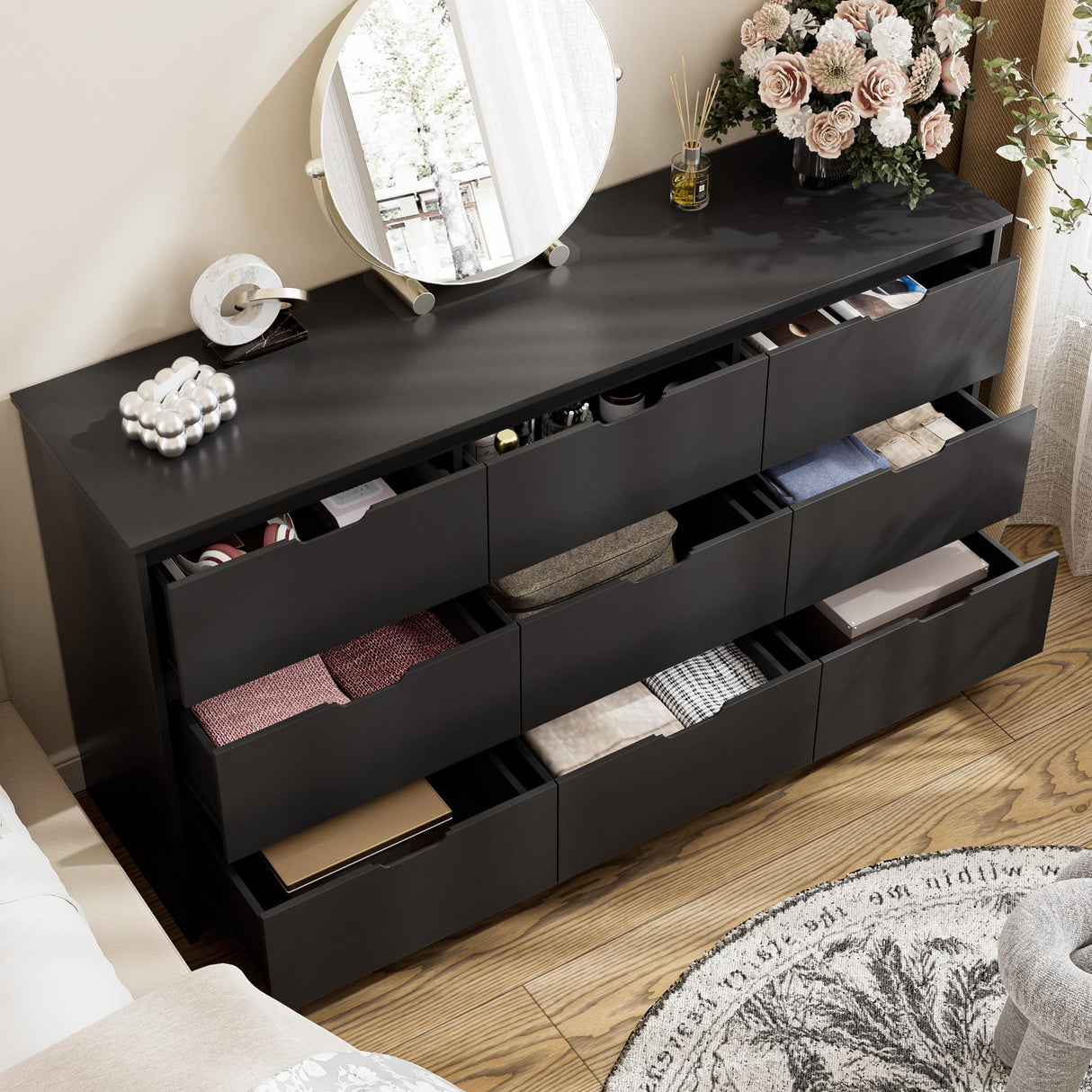 Tradare 59'' Black Dresser for Bedroom, 9 Drawer Wood Dresser with Handle Free, Large Modern Chest of Drawers for Home Office, Living Room, Entryway Tradare