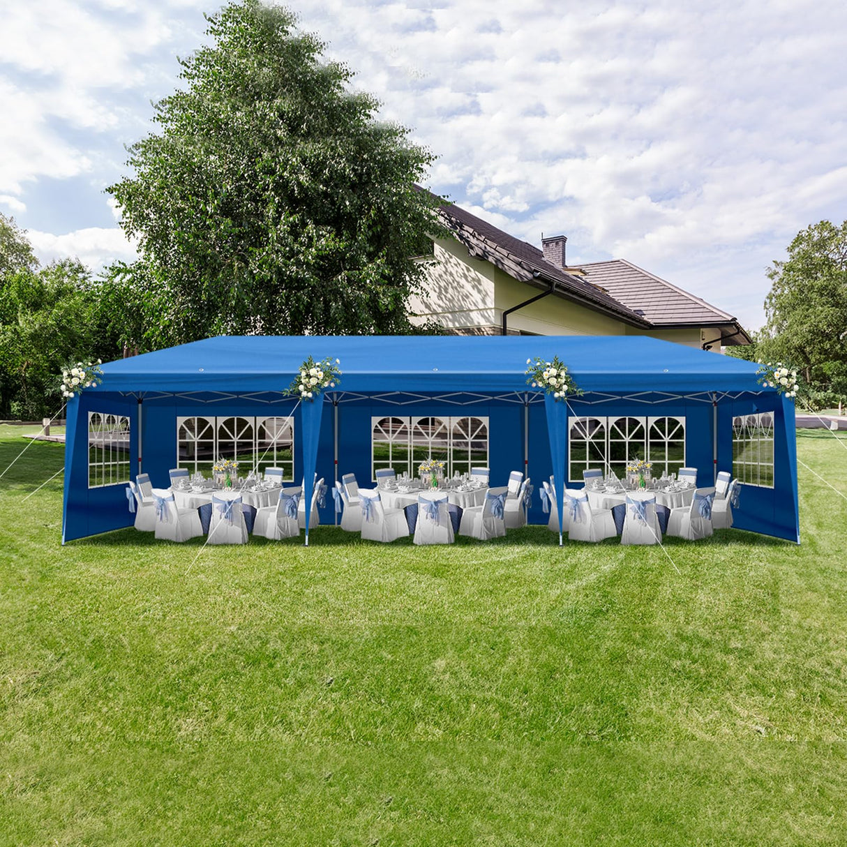Outvita 10x30ft Ez Pop Up Canopy, Portable Instant Canopy Tent with 8 SideWalls for Outdoor Events, Party, Wedding, Birthday,Graduation Blue Outvita