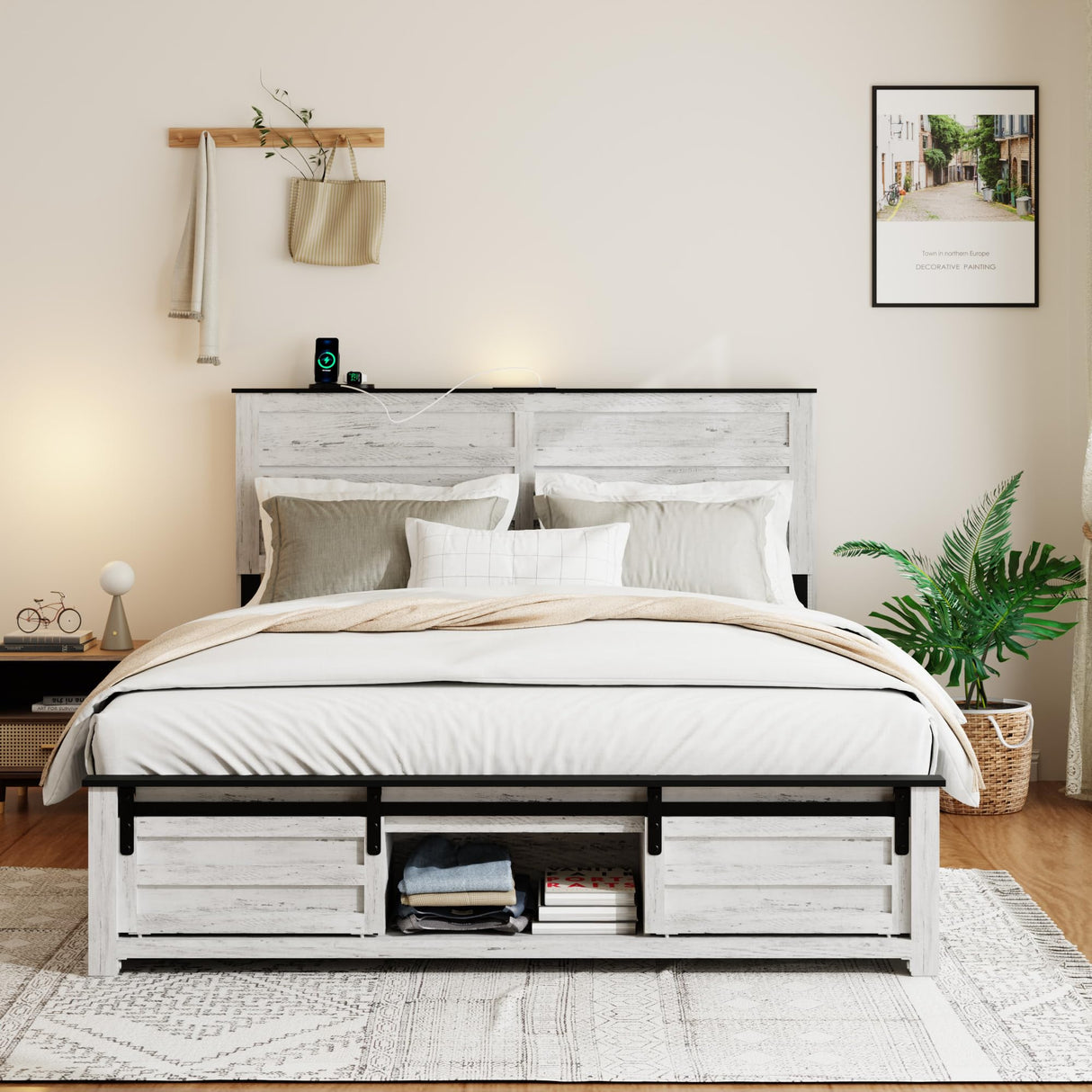 SAMTRA Wooden Full Size Bed Frame with Headboard, Boho White Farmhouse Storage Bedframe with Sliding Barn Door Footboard and Charging Station, Solid Wood Slats, No Box Spring Needed SAMTRA