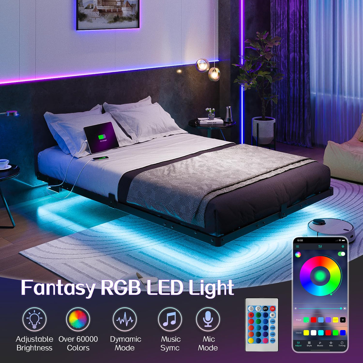 Full Size Modern Floating Bed Frame with Smart LED Lights, USB Charging Station, Sturdy Metal Platform, No Box Spring Needed, and Easy Assembly Liians