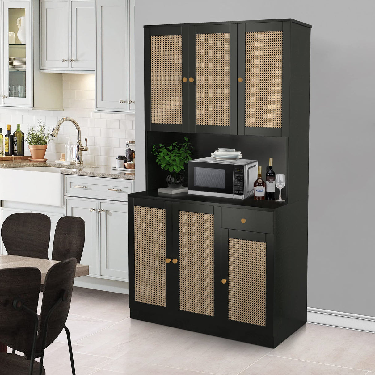 Modern Black Rattan Freestanding Kitchen Pantry Cabinet with 6 Doors & Drawer wirrytor